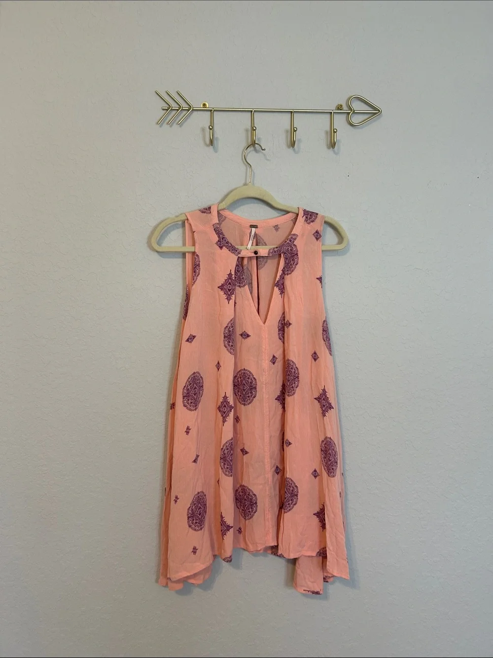 Free People Medallion Print Mini Swing Dress Tunic M Peach  Purple NWOT